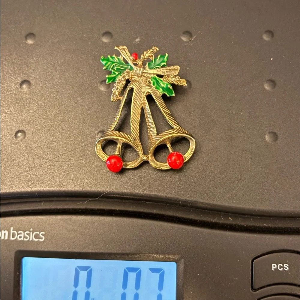 Vintage Marked Taiwan Goldtone Enamel Christmas BELLS Brooch Pin Festive Texture
